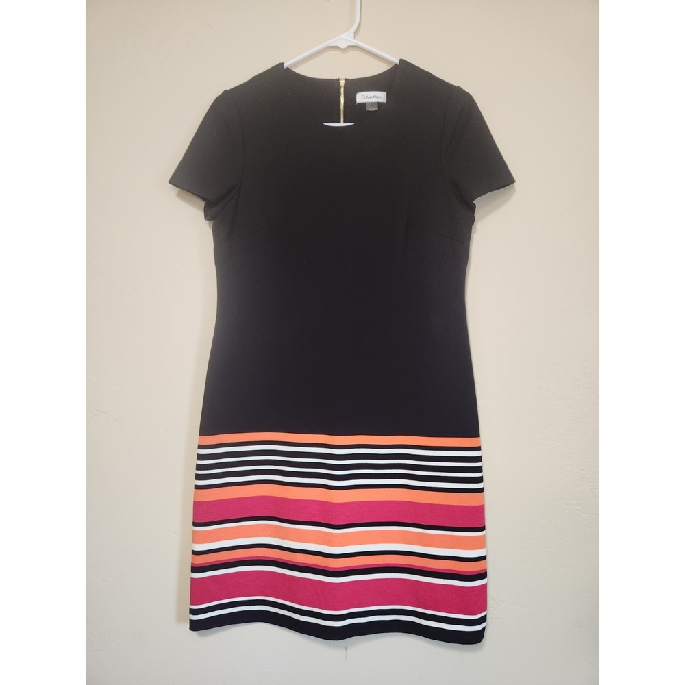 Calvin Klein‎ Short Sleeve Shift Dress Black Striped Womens Size Small